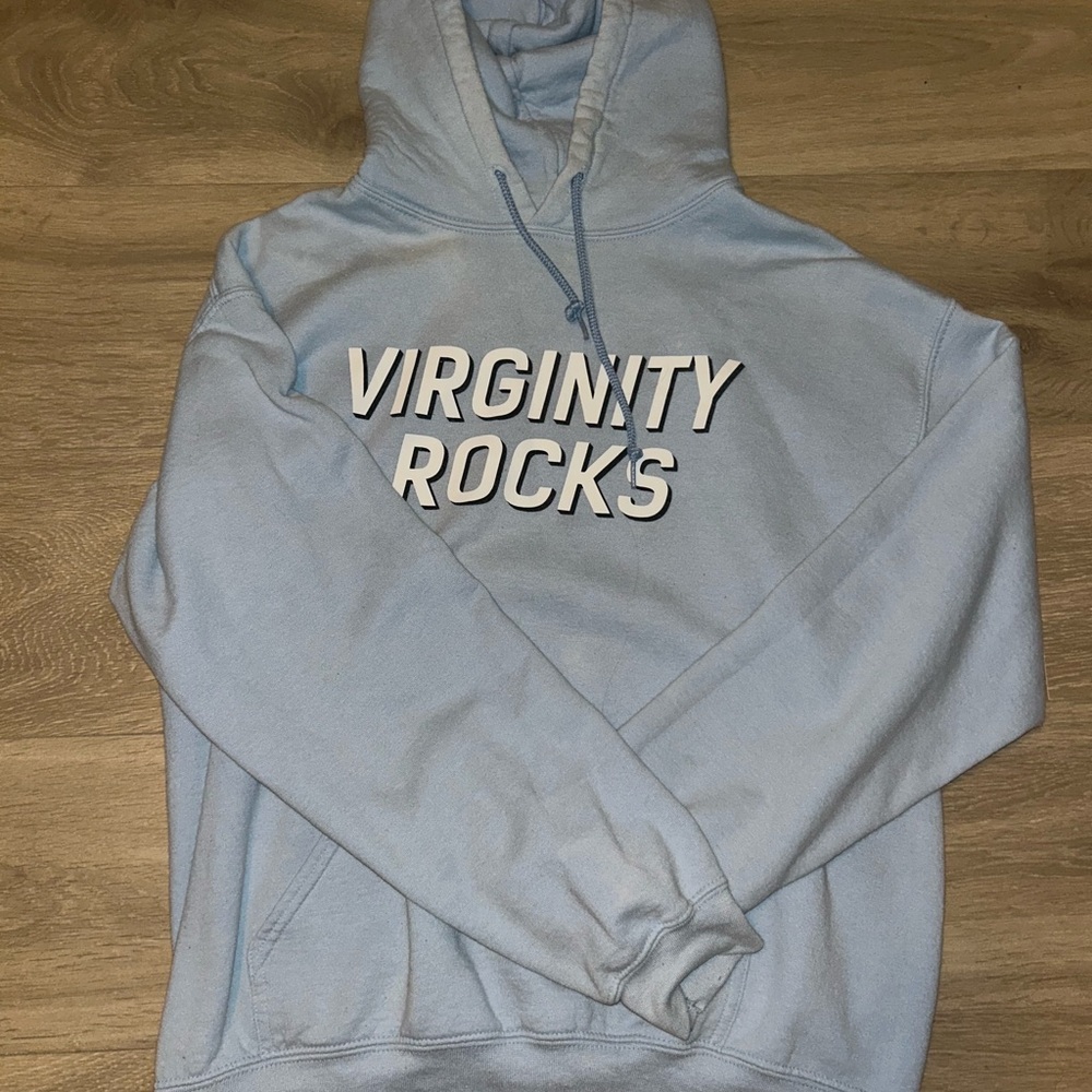 Light Blue Hoodie with 'Virginity Rocks' Print